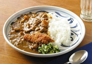 砥部焼・梅山窯　からくさもようの大皿（8寸）にカレーライスを