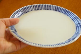 砥部焼・梅山窯　とくさ柄の布目小判皿を手に持って