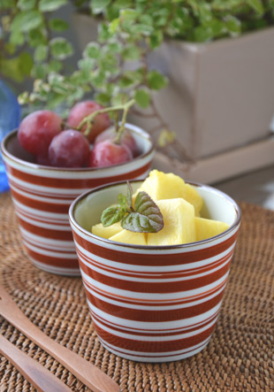 砥部焼　細赤線のそばちょこにフルーツを