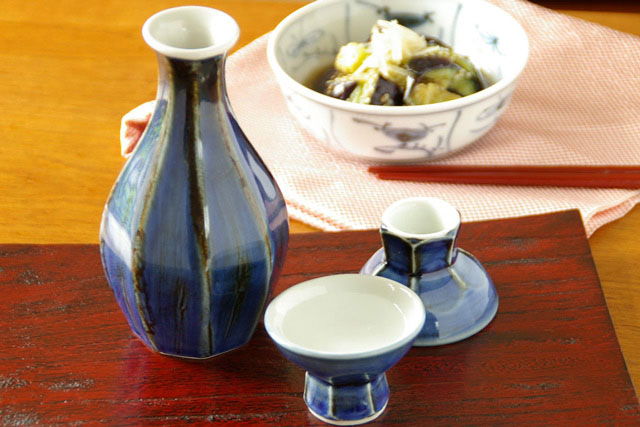 梅山窯 藍色の酒器セット