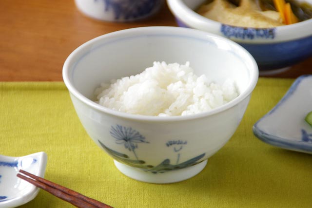 砥部焼　たんぽぽの茶碗にご飯をよそって