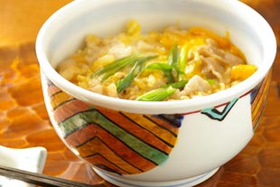 砥部焼　やきしめ柄のどんぶりに豚丼を
