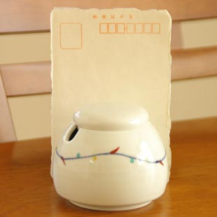 砥部焼・向井窯　遊文シュガーポットをはがきと比較して