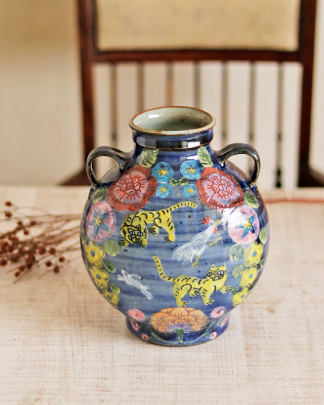花器 鉄釉絵付 砥部焼 砥部試験窯造 花瓶 花生 時代物 K450