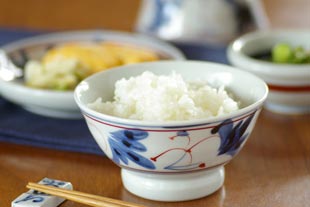 砥部焼・陶房遊　しだ紋の茶碗(大) にご飯をよそって