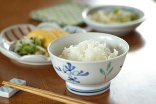 砥部焼・陶房遊　花ちらしの茶碗(小)にごはんをよそって