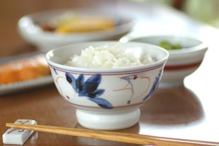 砥部焼・陶房遊　しだ紋の茶碗(小)にご飯をよそって